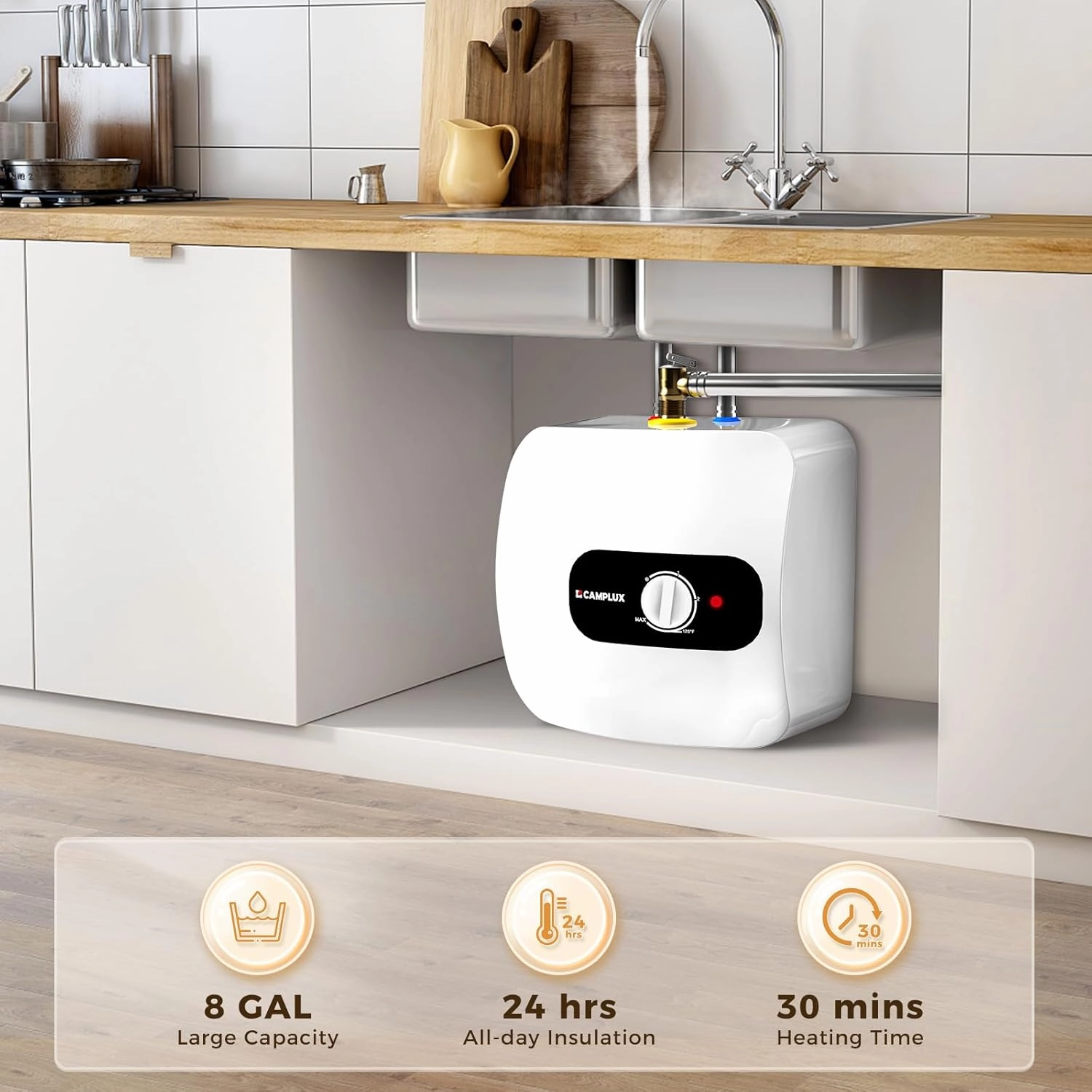 CAMPLUX Electric Mini-Tank Water Heater 8 Gallon (ME80B) On-demand Endless Water Heater, 120-Volt Corded 1440W, Under Sink, Wall or Floor Mounted