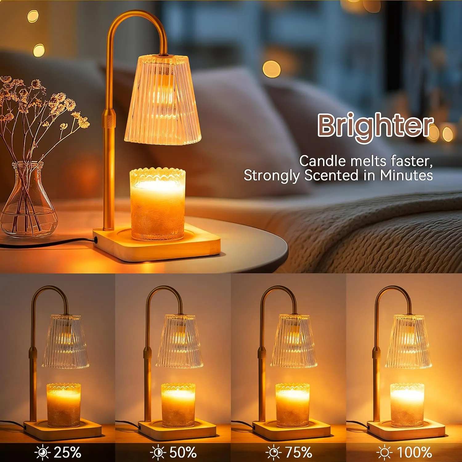 Candle-Warmer-Lamp-Timer-Adjustable-Height-Wax-Melt-Electric-Light-Warming-Dimmable Top Melter Heater For Melting Heating Small Jar Candles Gifts Women Mom Birthday Home Desk Decor w/ 2 Bulbs