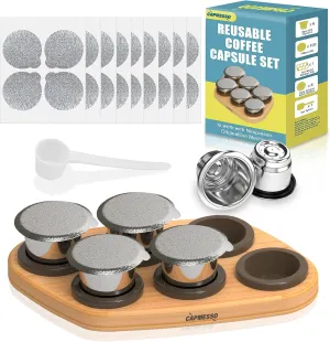 CAPMESSO Reusable Capsules for Nespresso OriginalLine, 6pcs Nespresso Refillable Pods Stainless Steel Coffee Pods Compatible with Nespresso Originaline Machine(6 Pods 100 Lids  Wood Storage Tray)