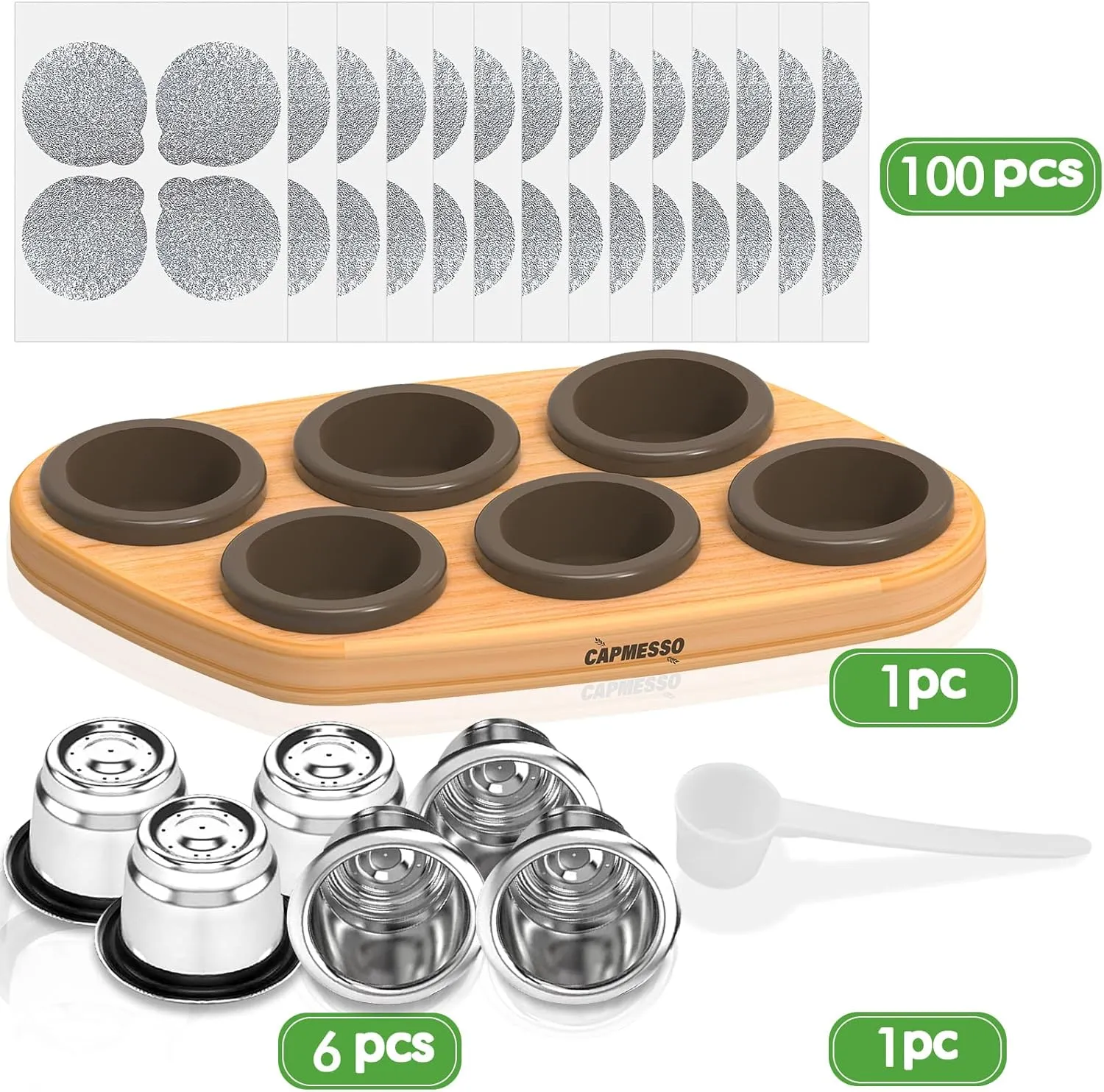 CAPMESSO Reusable Capsules for Nespresso OriginalLine, 6pcs Nespresso Refillable Pods Stainless Steel Coffee Pods Compatible with Nespresso Originaline Machine(6 Pods 100 Lids  Wood Storage Tray)