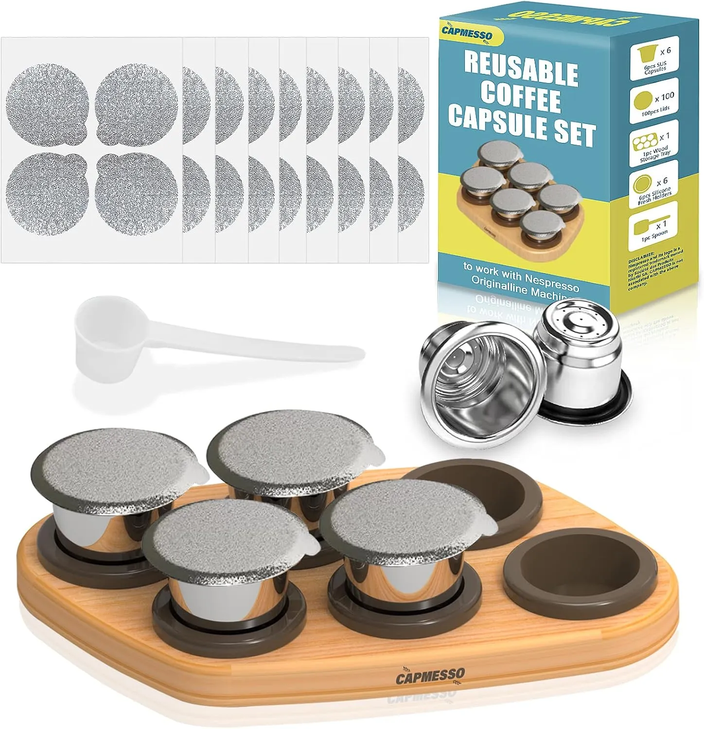 CAPMESSO Reusable Capsules for Nespresso OriginalLine, 6pcs Nespresso Refillable Pods Stainless Steel Coffee Pods Compatible with Nespresso Originaline Machine(6 Pods 100 Lids  Wood Storage Tray)