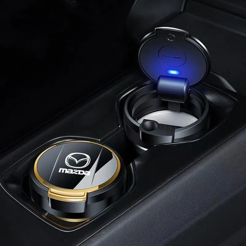Car Ashtray with Lid Smell Proof for Mazda Biante 2008-2018, Smokeless Ashtray for Car, Ashtray with Blue LED Light Ceramic Inner Wall Ashtrays Car Accessories,Silver-Large