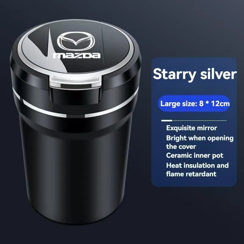 Car Ashtray with Lid Smell Proof for Mazda Biante 2008-2018, Smokeless Ashtray for Car, Ashtray with Blue LED Light Ceramic Inner Wall Ashtrays Car Accessories,Silver-Large