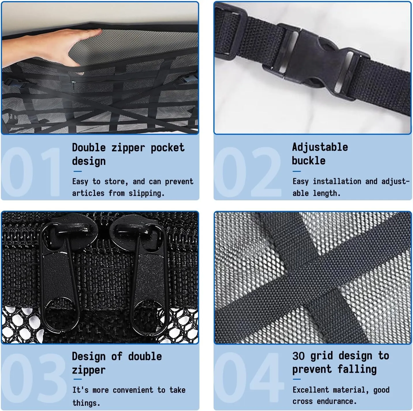 Car Ceiling Cargo Net Pocket Strengthened Load-Bearing DesignDouble-Layer Mesh Organizer for SUVs, Road Trips, and Car Camping Essentials (Black, 31.5"x21.6")