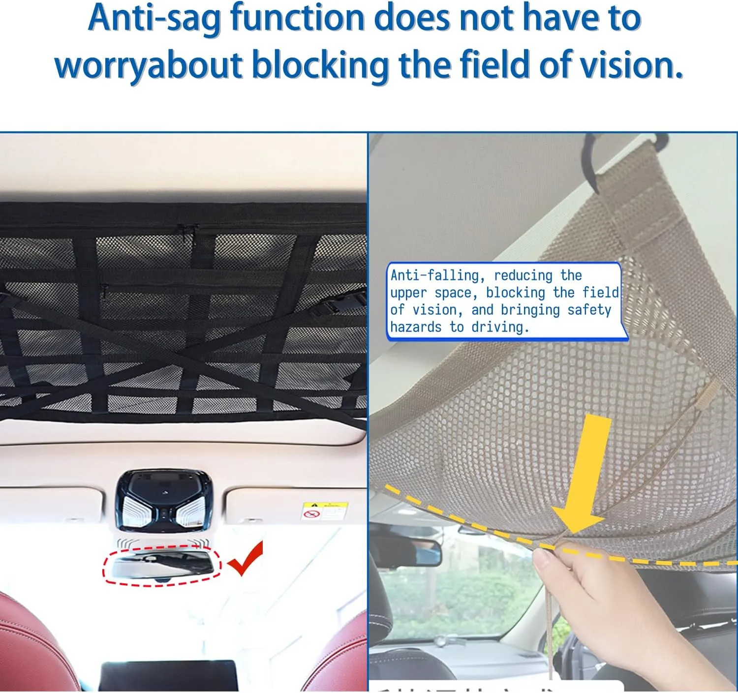 Car Ceiling Cargo Net Pocket Strengthened Load-Bearing DesignDouble-Layer Mesh Organizer for SUVs, Road Trips, and Car Camping Essentials (Black, 31.5"x21.6")