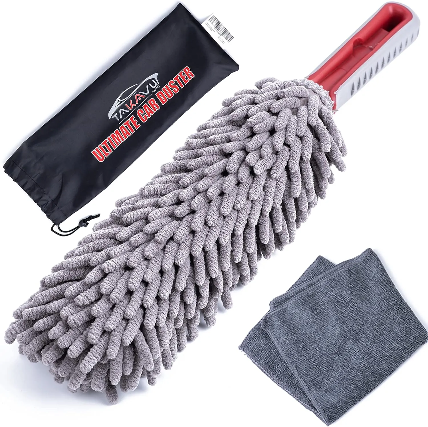 Car Duster Interior by TAKAVU, 360° Microfiber Fingers, Unbreakable Comfort Handle, Lint and Scratch Free, Include Microfiber Towel, for Car & Home Use, The Best Auto Accessories Gray