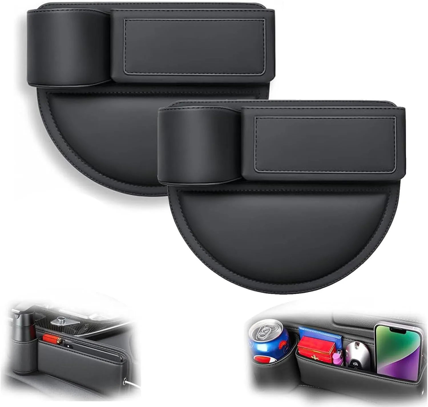 Car Leather Cup Holder Gap Bag,Car Seat Gap Filler,Leather Car Gap Bag with Cup Holder,Universal Seat Gap Organizer,for Phones Glasses Keys Cards (Black)