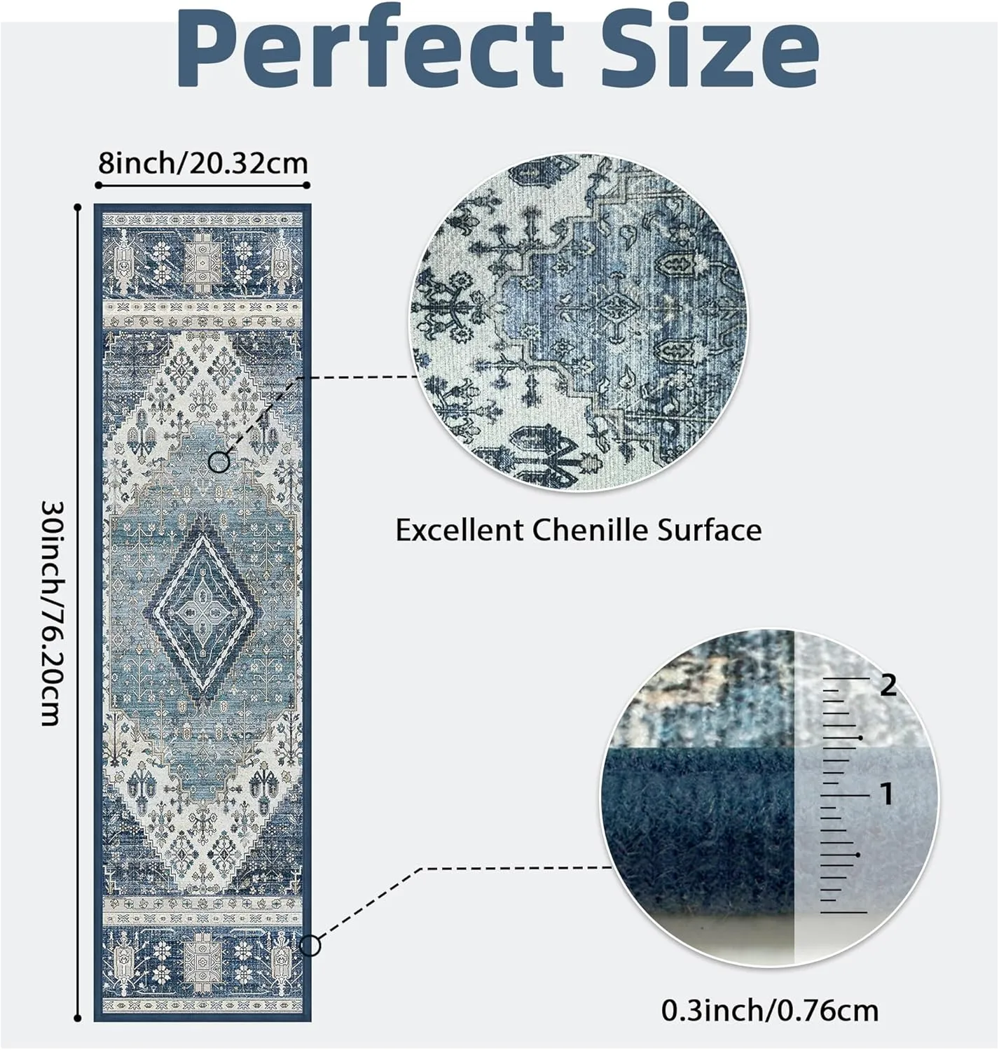 Carpet Stair Treads Non Slip 15PCS, 8" X 30" Edging Stair Runner for Wooden Steps Indoor, Resistant Stair Rug with Reusable TPE Adhesive Backing, Residue Free Mat for Elders, Pets, Blue&Ivory