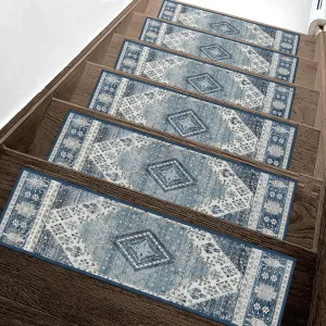 Carpet Stair Treads Non Slip 15PCS, 8" X 30" Edging Stair Runner for Wooden Steps Indoor, Resistant Stair Rug with Reusable TPE Adhesive Backing, Residue Free Mat for Elders, Pets, Blue&Ivory