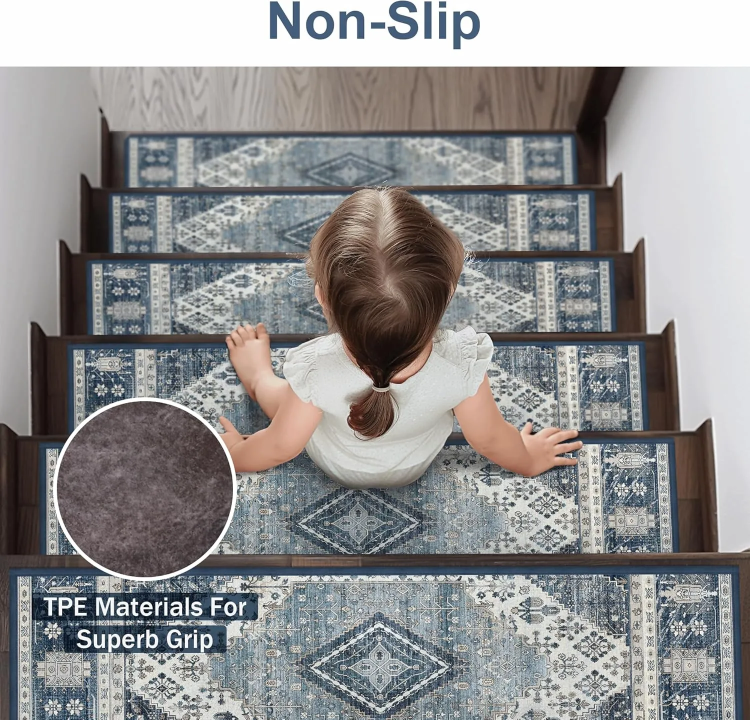Carpet Stair Treads Non Slip 15PCS, 8" X 30" Edging Stair Runner for Wooden Steps Indoor, Resistant Stair Rug with Reusable TPE Adhesive Backing, Residue Free Mat for Elders, Pets, Blue&Ivory