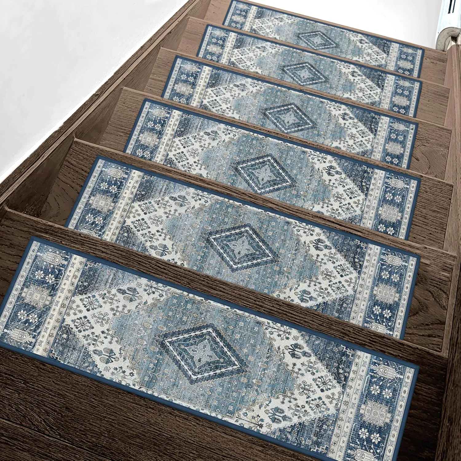Carpet Stair Treads Non Slip 15PCS, 8" X 30" Edging Stair Runner for Wooden Steps Indoor, Resistant Stair Rug with Reusable TPE Adhesive Backing, Residue Free Mat for Elders, Pets, Blue&Ivory