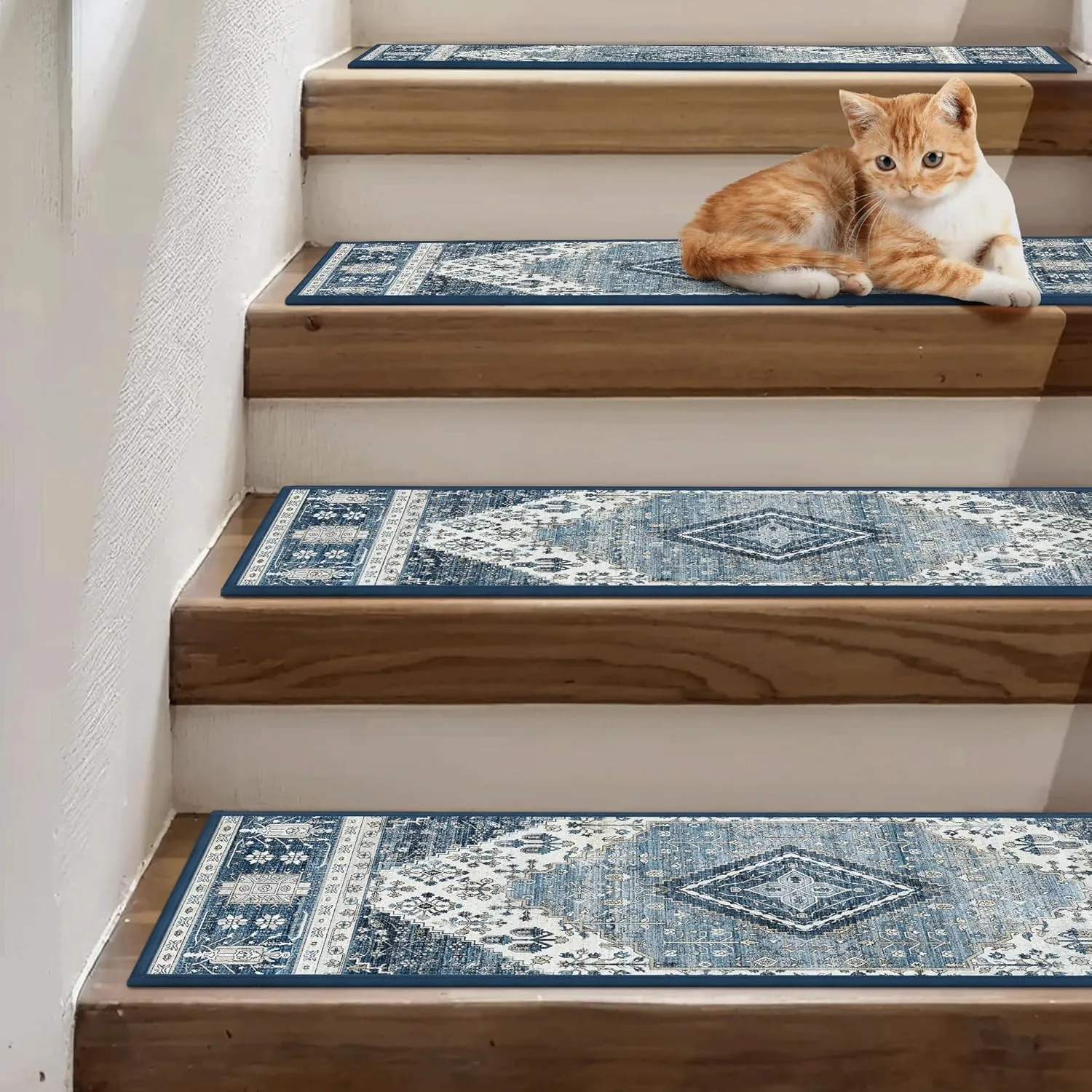 Carpet Stair Treads Non Slip 15PCS, 8" X 30" Edging Stair Runner for Wooden Steps Indoor, Resistant Stair Rug with Reusable TPE Adhesive Backing, Residue Free Mat for Elders, Pets, Blue&Ivory