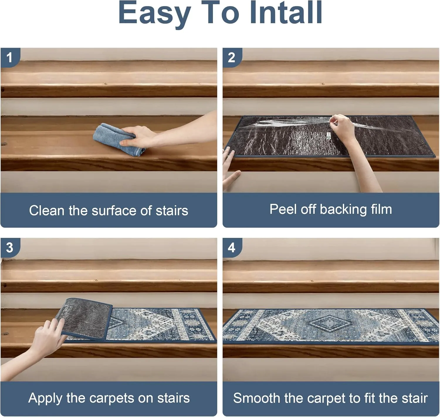 Carpet Stair Treads Non Slip 15PCS, 8" X 30" Edging Stair Runner for Wooden Steps Indoor, Resistant Stair Rug with Reusable TPE Adhesive Backing, Residue Free Mat for Elders, Pets, Blue&Ivory