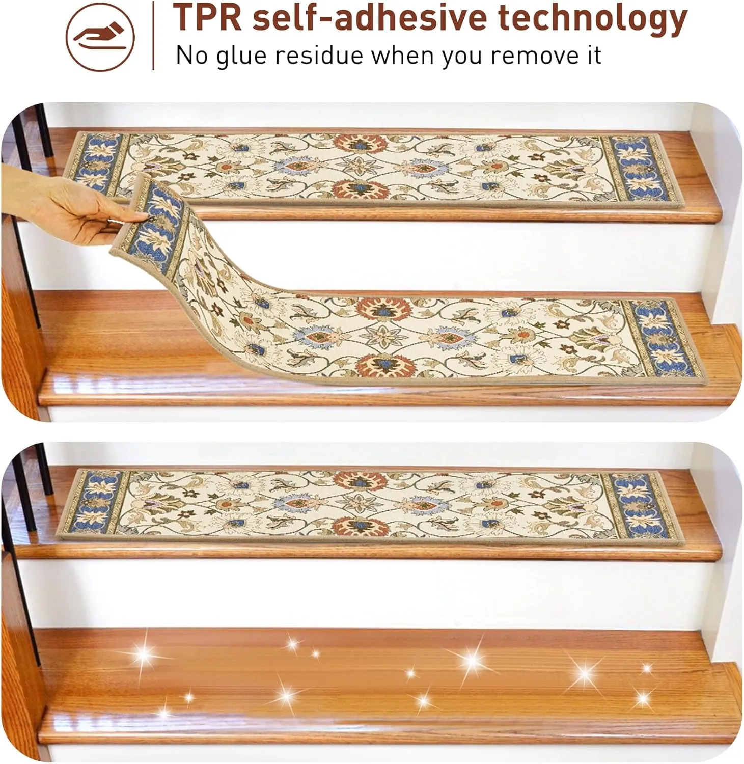 Carpet Stair Treads Non Slip for Wooden Steps, 30inch X 8inch Staircase Step Treads Indoor for Dogs, Reusable Stair Carpet Runner with TPR Adhesive, Oriental Carpet for Stairs