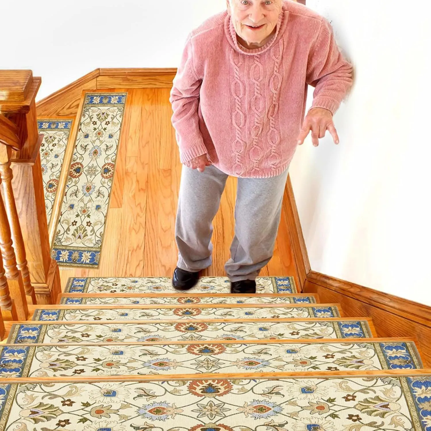 Carpet Stair Treads Non Slip for Wooden Steps, 30inch X 8inch Staircase Step Treads Indoor for Dogs, Reusable Stair Carpet Runner with TPR Adhesive, Oriental Carpet for Stairs