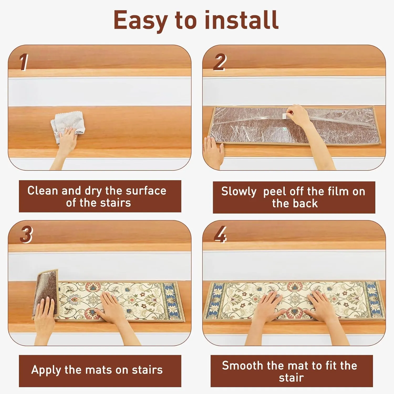 Carpet Stair Treads Non Slip for Wooden Steps, 30inch X 8inch Staircase Step Treads Indoor for Dogs, Reusable Stair Carpet Runner with TPR Adhesive, Oriental Carpet for Stairs