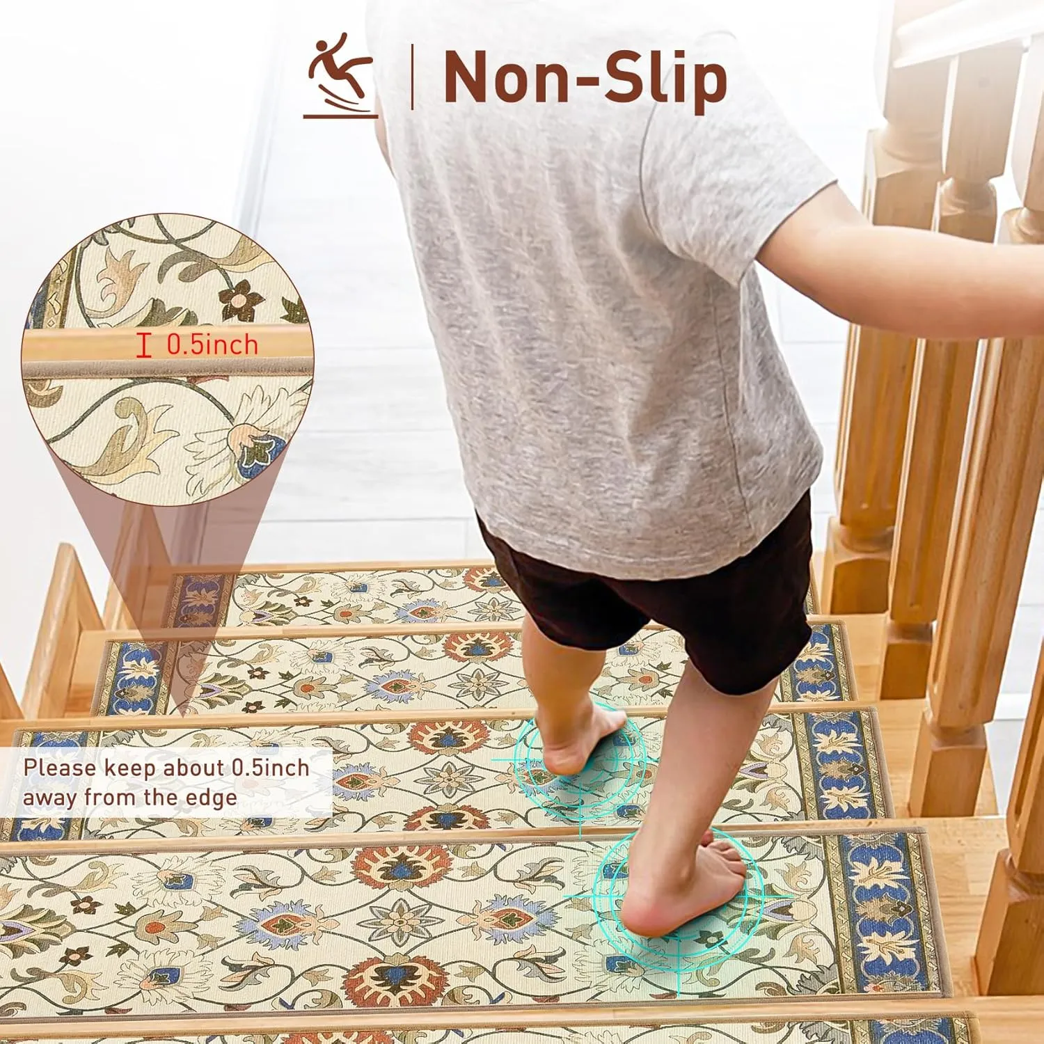 Carpet Stair Treads Non Slip for Wooden Steps, 30inch X 8inch Staircase Step Treads Indoor for Dogs, Reusable Stair Carpet Runner with TPR Adhesive, Oriental Carpet for Stairs