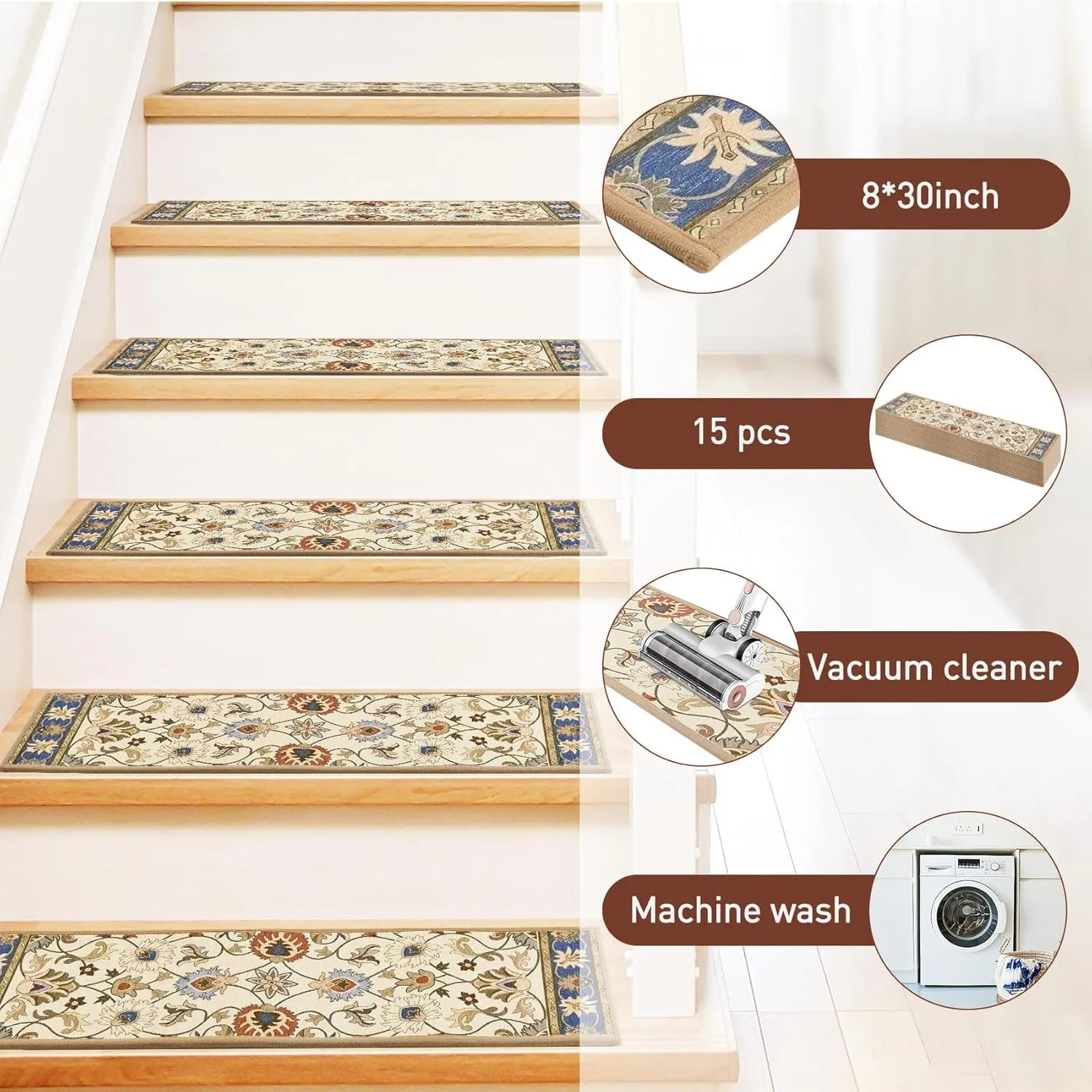 Carpet Stair Treads Non Slip for Wooden Steps, 30inch X 8inch Staircase Step Treads Indoor for Dogs, Reusable Stair Carpet Runner with TPR Adhesive, Oriental Carpet for Stairs