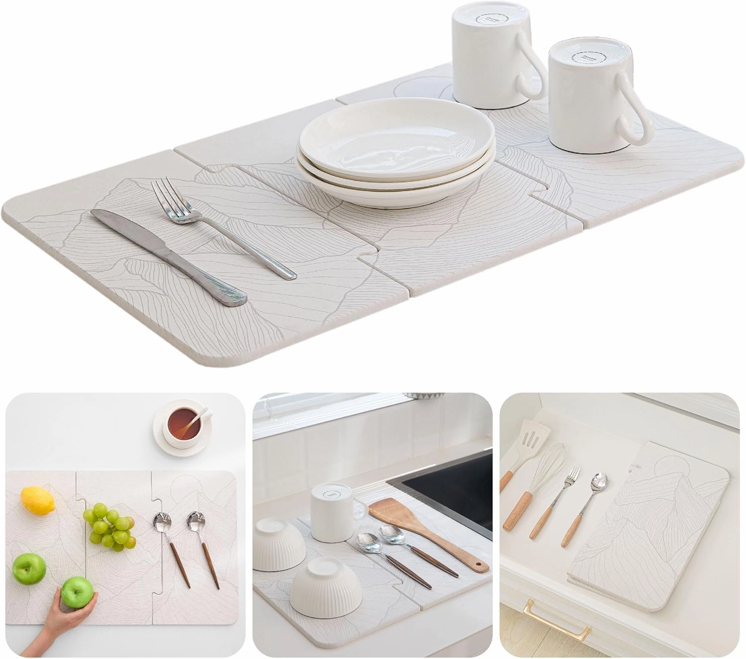 Chef’s Path Dish Stone Drying Mat - 23.6x15.4in Mountain Print Spliced Kitchen Mat - Quick Drying and Ultra Absorbent Diatomaceous Earth and Quartz Dish Drying Mat with Non Slip Pad and Sandpaper