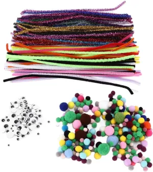 Chenille Stems Set | 50PCS Colorful Pipe Cleaners & 200PCS Wool Balls & 100PCS Googly Eyes | DIY Craft Supplies for Youngsters/Teachers/Artists | Bendable & Reusable