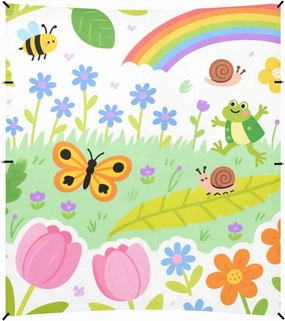 Childish Illustration Butterfly Rainbow Flower bee Colorful Foldable Beach Cabana UPF50  Lightweight Portable Sunshade with Sand Shovel, Sandbags for Camping, Picnics, Backyard & Fishing