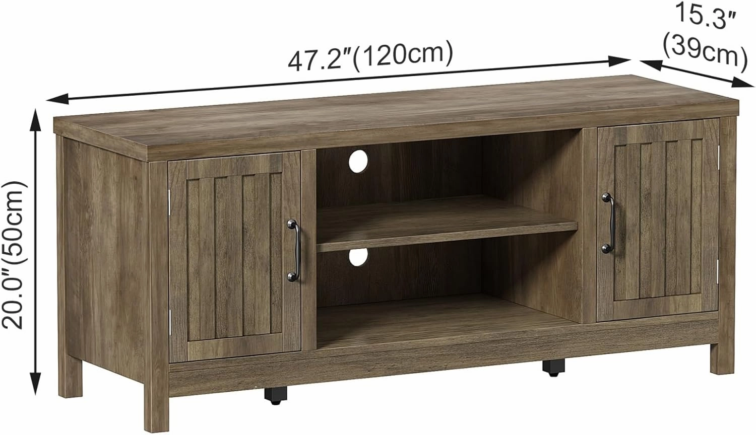 ChooChoo Farmhouse TV Stand, Wood Fluted Door Entertainment Center with Storage Cabinets and Open Shelves, Rustic Media Console up to 55 inches for Living Room, Bedroom, Grey Wash