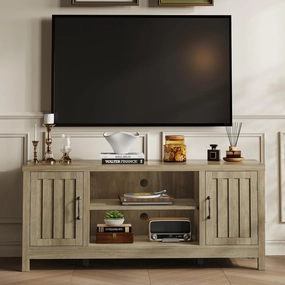 ChooChoo Farmhouse TV Stand, Wood Fluted Door Entertainment Center with Storage Cabinets and Open Shelves, Rustic Media Console up to 55 inches for Living Room, Bedroom, Grey Wash
