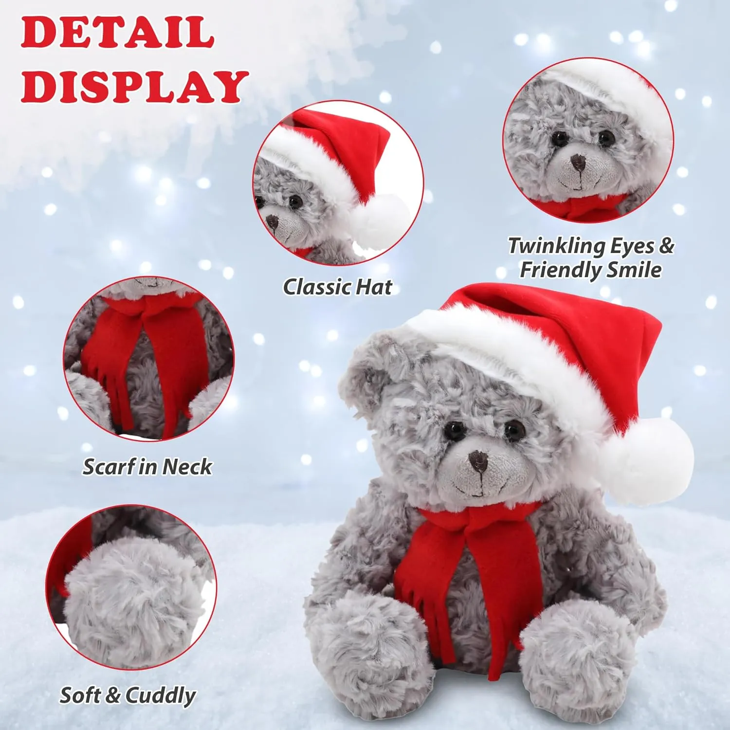 Christmas Duffy Teddy Bear Stuffed Animal - Adorable Xmas Plush Toy with Hat and Scarf - Soft and Cuddly Winter Companion for Kids and Seniors - 10 inch (Gray)