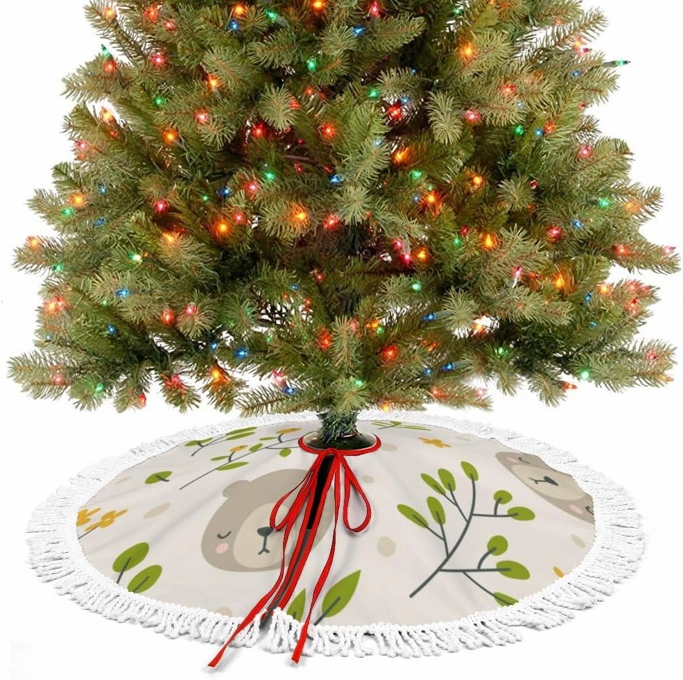 Christmas Tree Skirt Fringed Lace Cute Sleepy Bear Head Flowers Grass Xmas Tree Skirt Christmas Tree Wrap Around Base Cover for New Year Holiday Party Decorations Farmhouse 48Inch