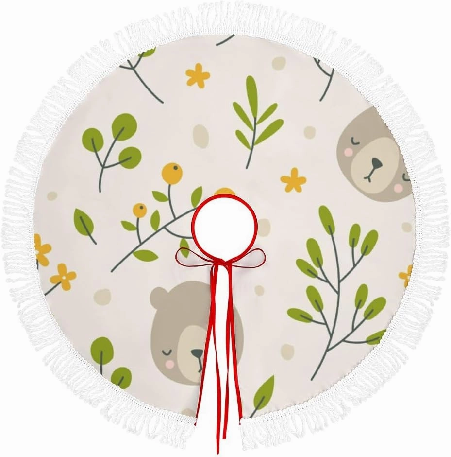 Christmas Tree Skirt Fringed Lace Cute Sleepy Bear Head Flowers Grass Xmas Tree Skirt Christmas Tree Wrap Around Base Cover for New Year Holiday Party Decorations Farmhouse 48Inch