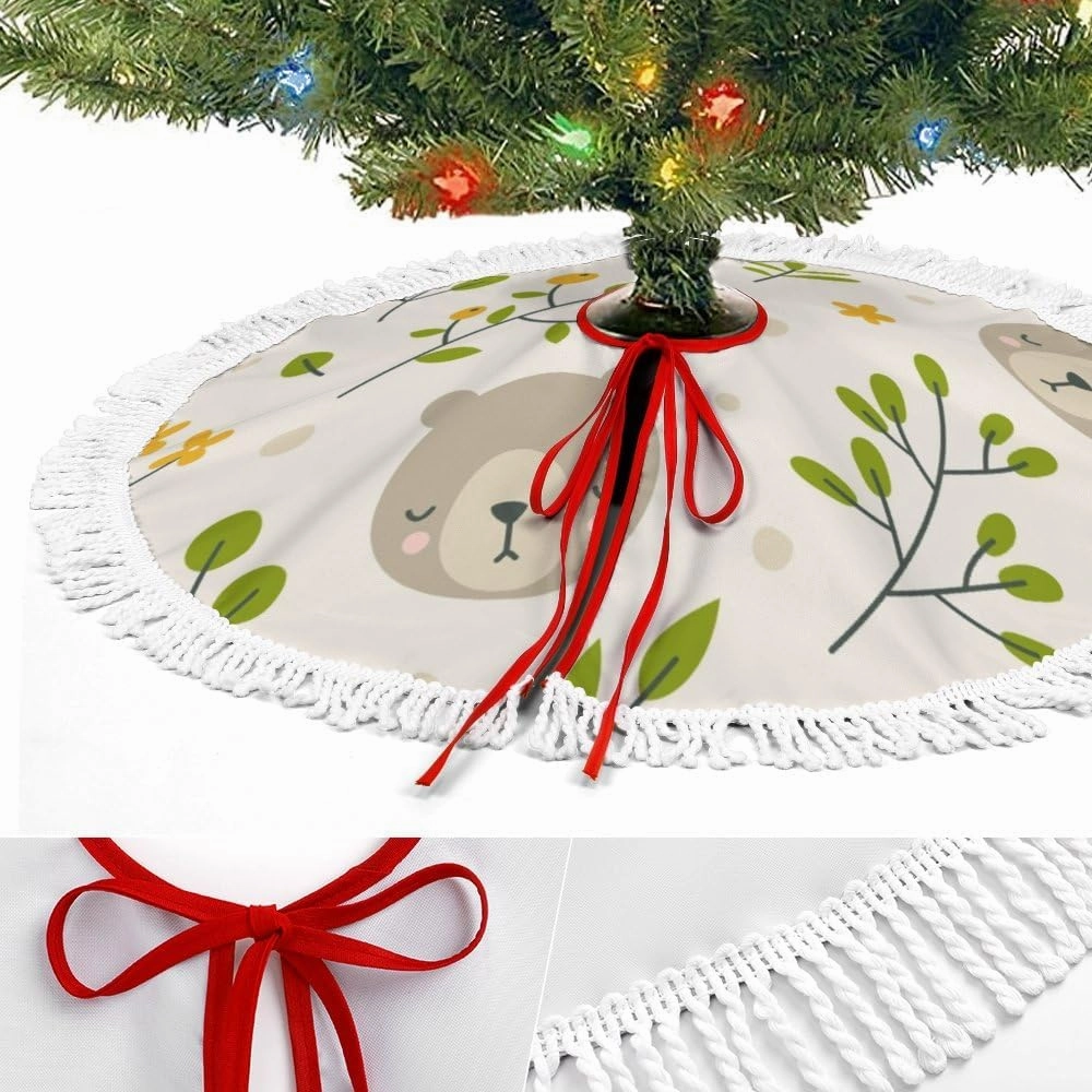 Christmas Tree Skirt Fringed Lace Cute Sleepy Bear Head Flowers Grass Xmas Tree Skirt Christmas Tree Wrap Around Base Cover for New Year Holiday Party Decorations Farmhouse 48Inch