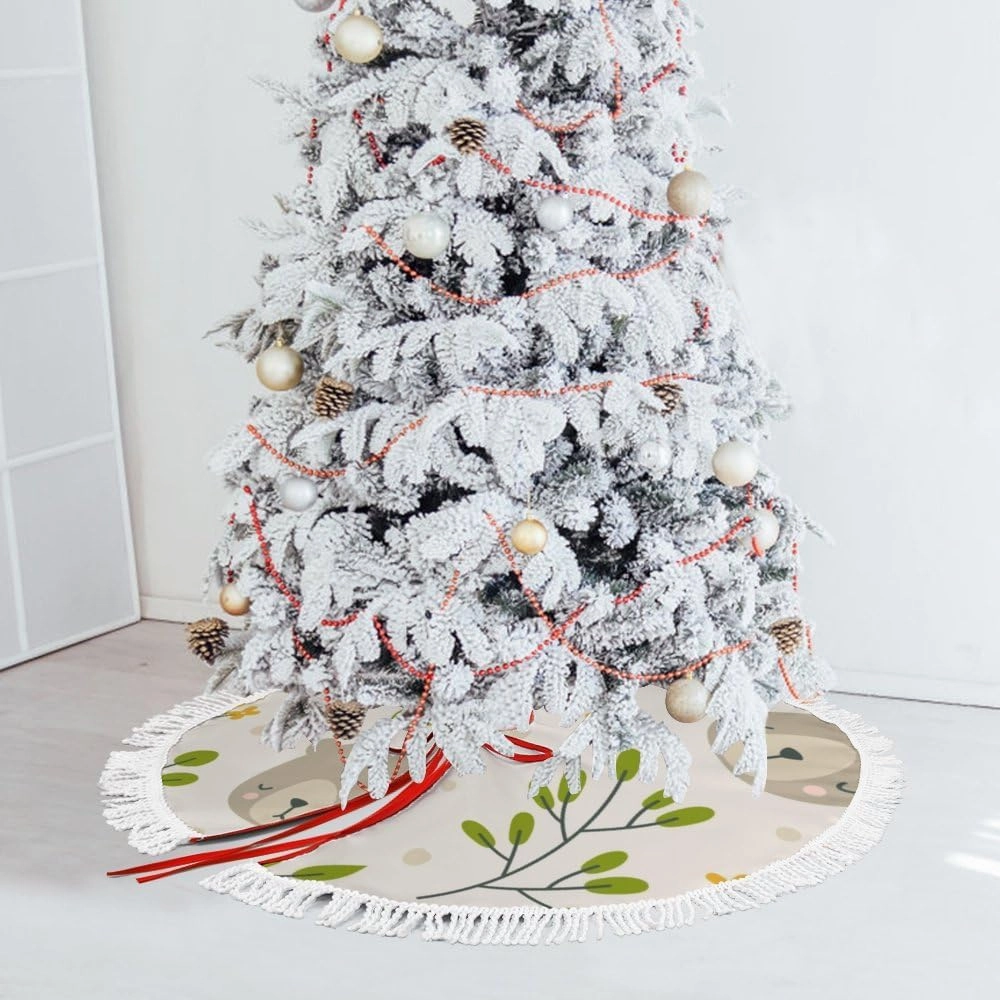 Christmas Tree Skirt Fringed Lace Cute Sleepy Bear Head Flowers Grass Xmas Tree Skirt Christmas Tree Wrap Around Base Cover for New Year Holiday Party Decorations Farmhouse 48Inch