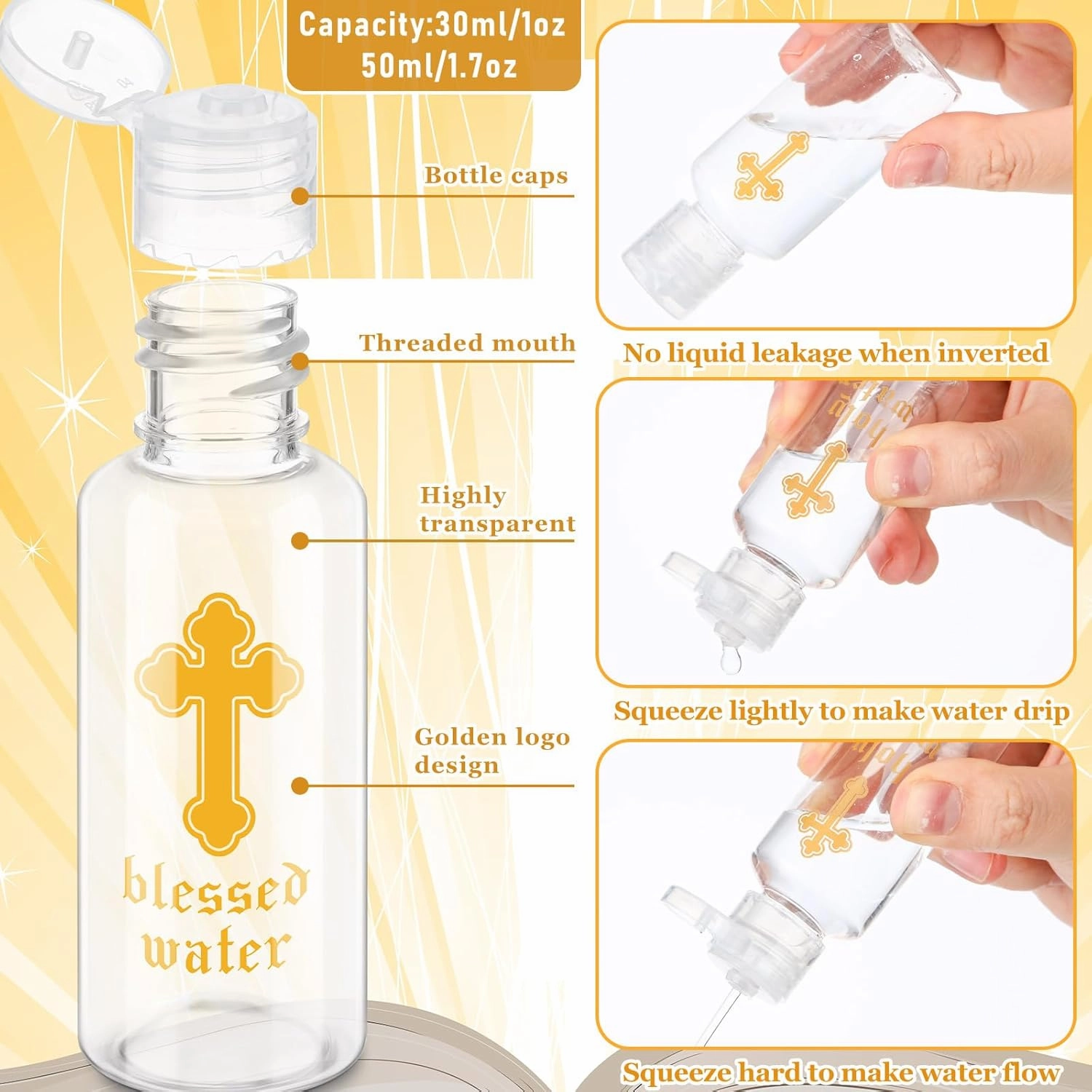 Chuangdi Small Holy Water Bottles Baptism Party Favor 50 ml Transparent Holy Water Empty Containers with Golden Catholic Cross First Communion Gift for Guests Christian Church Easter(100 Pcs,30 ml)