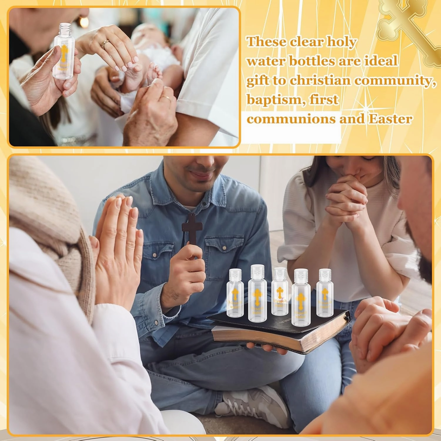 Chuangdi Small Holy Water Bottles Baptism Party Favor 50 ml Transparent Holy Water Empty Containers with Golden Catholic Cross First Communion Gift for Guests Christian Church Easter(100 Pcs,30 ml)
