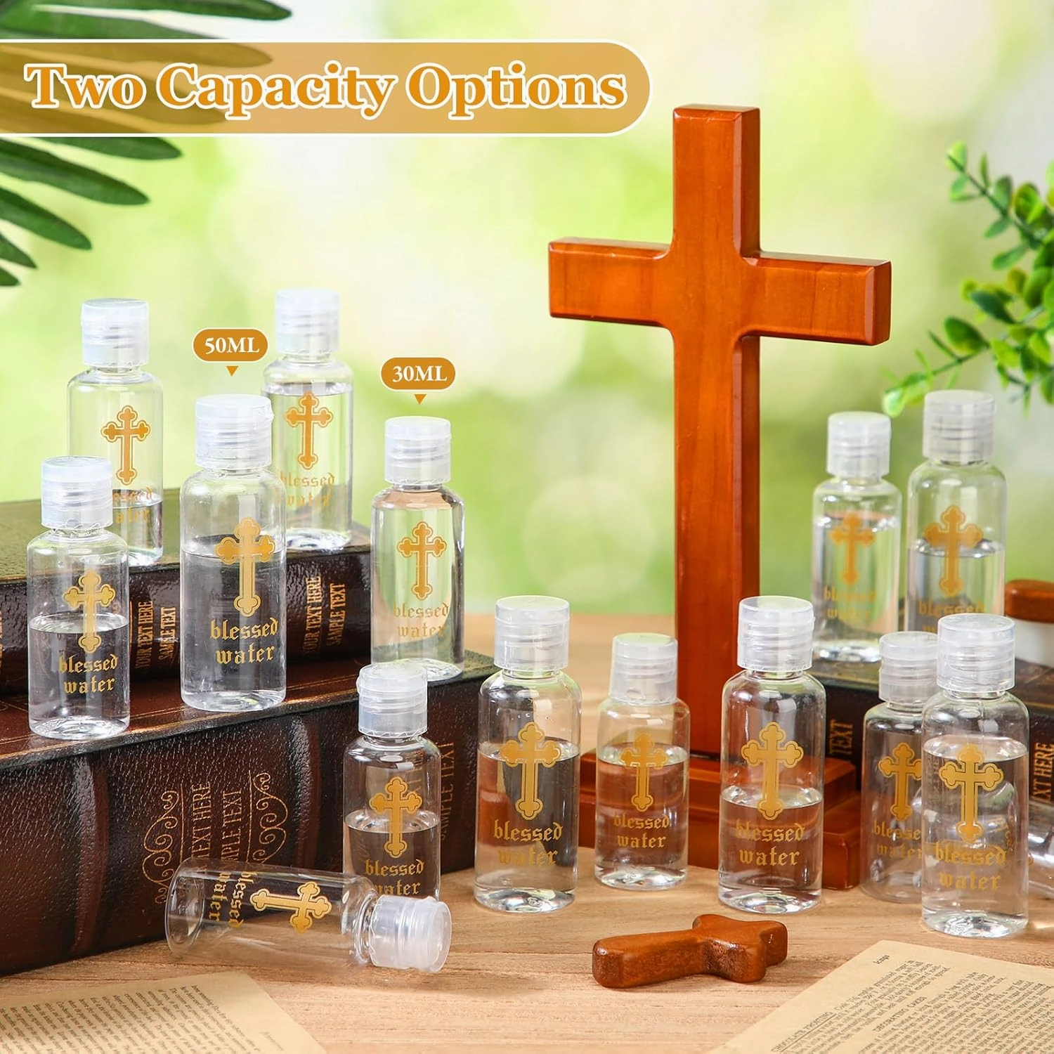 Chuangdi Small Holy Water Bottles Baptism Party Favor 50 ml Transparent Holy Water Empty Containers with Golden Catholic Cross First Communion Gift for Guests Christian Church Easter(100 Pcs,30 ml)