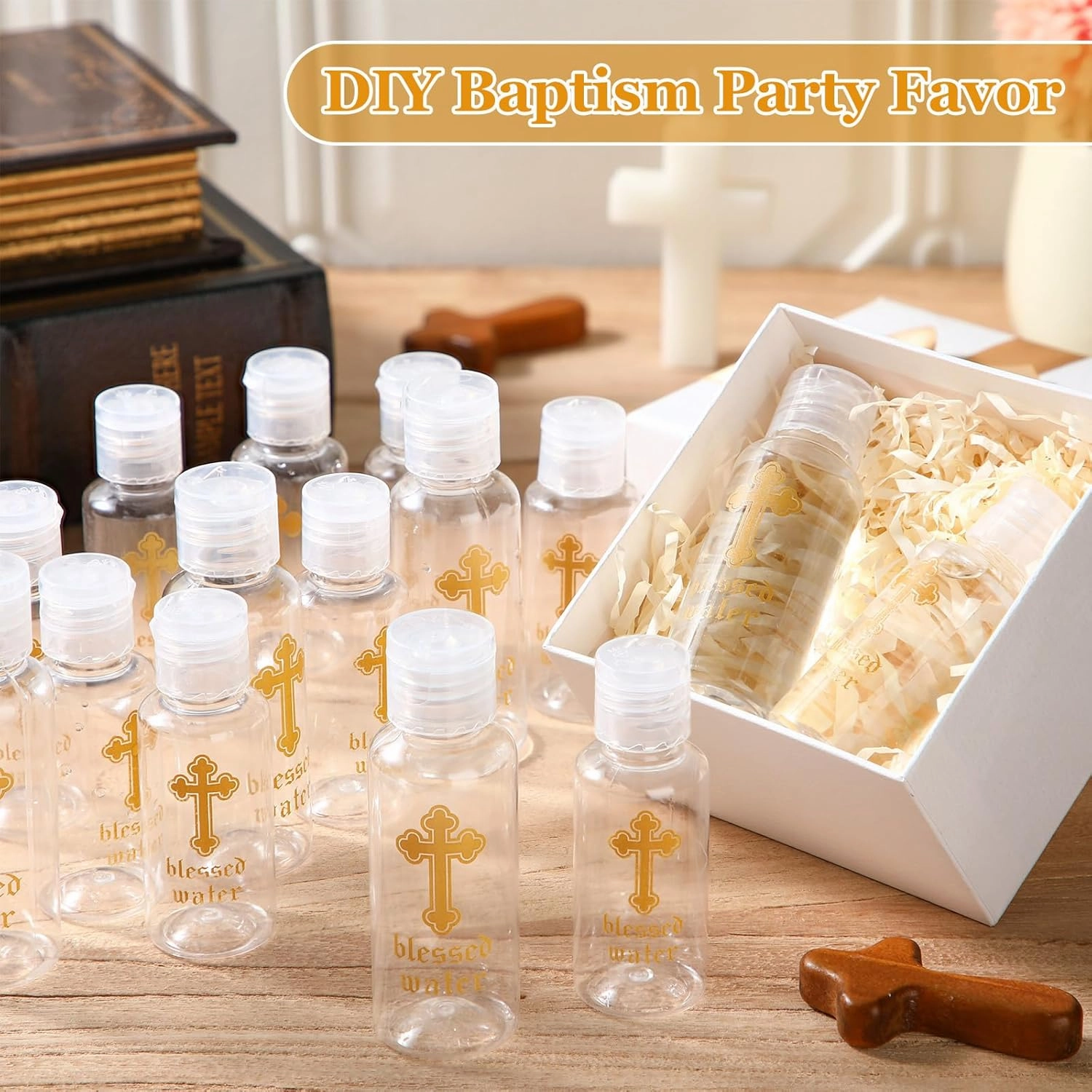 Chuangdi Small Holy Water Bottles Baptism Party Favor 50 ml Transparent Holy Water Empty Containers with Golden Catholic Cross First Communion Gift for Guests Christian Church Easter(100 Pcs,30 ml)
