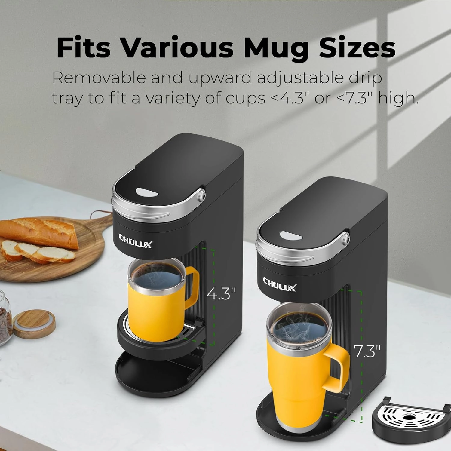 CHULUX Slim Single Serve Coffee Maker for K Pods, One Cup Coffee Maker Fits 7.3" Travel Mugs, Coffee Machine with 6 to 12oz Brew Sizes
