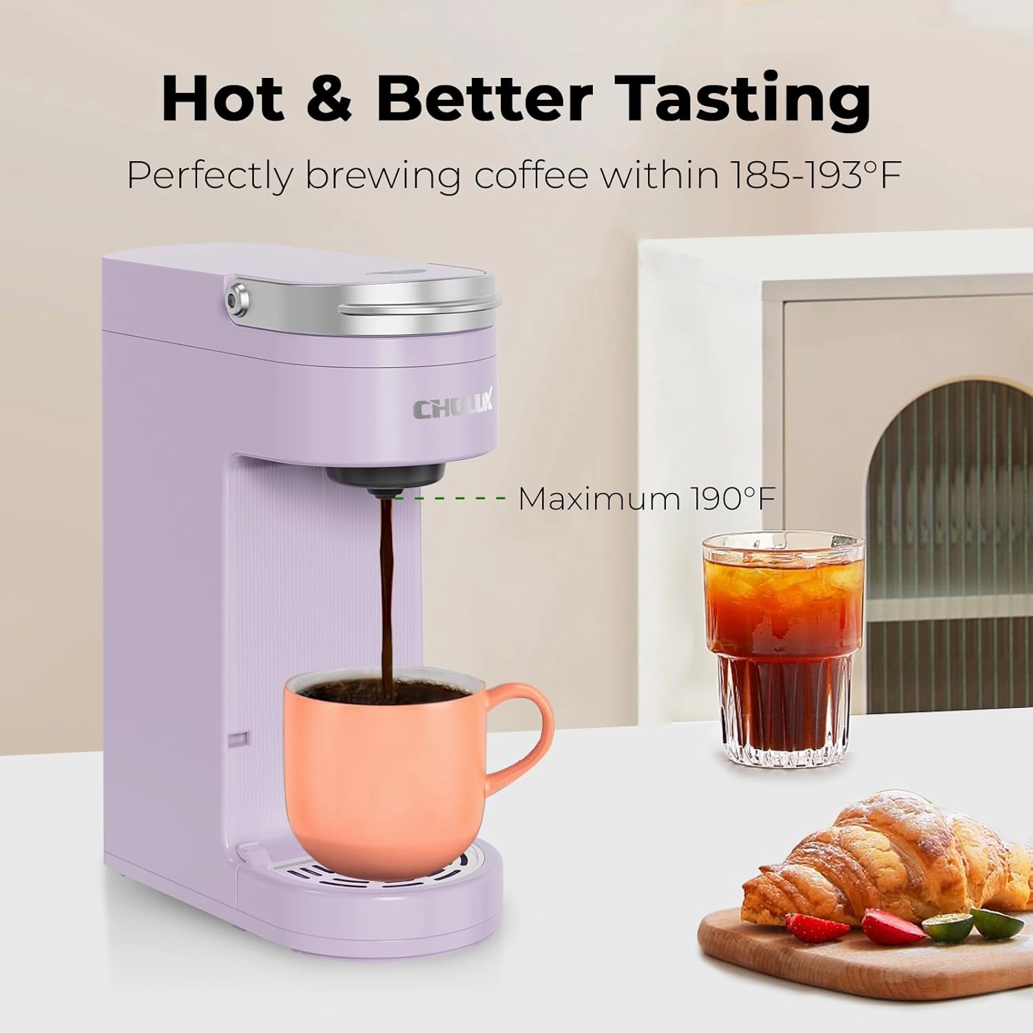 CHULUX Slim Single Serve Coffee Maker for K Pods, One Cup Coffee Maker Fits 7.3" Travel Mugs, Coffee Machine with 6 to 12oz Brew Sizes, Lavender