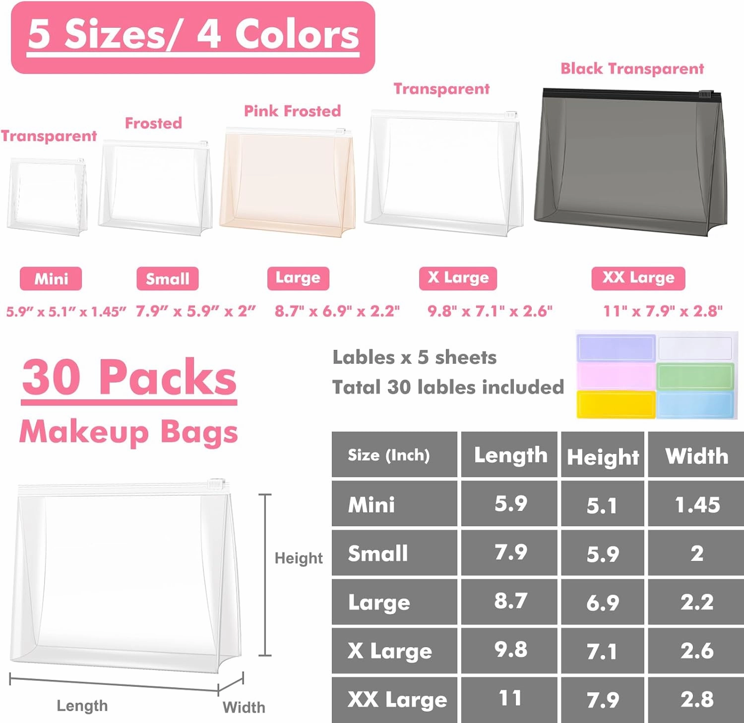 Circloophs 30 Pack Mini Clear Makeup Bag Organizer Cosmetic Zipper Pouch Travel Pouches for Toiletries Transparent EVA Reusable Wash Bags Waterproof Plastic Clear Gift Bags Bulk, 8.7" x 7" x 2.2"