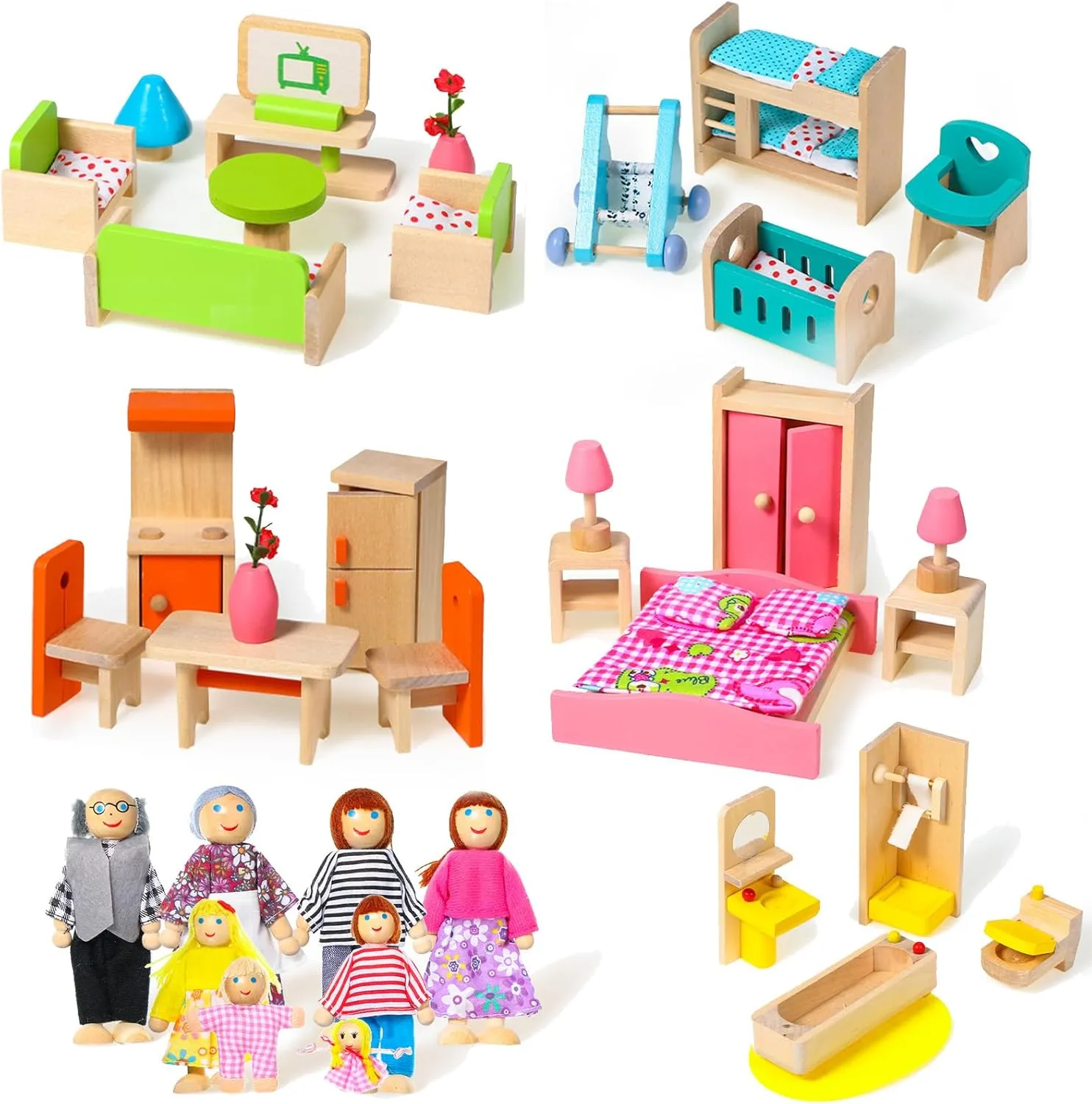 Civaner 52 Pcs Wooden Dollhouse Furniture Set Including 8 Family Dolls Miniature Doll House Accessories 1:12 Scale 5 Space Kits Bathroom Bedroom Living Room Dining Room Kitchen Gift for Christmas