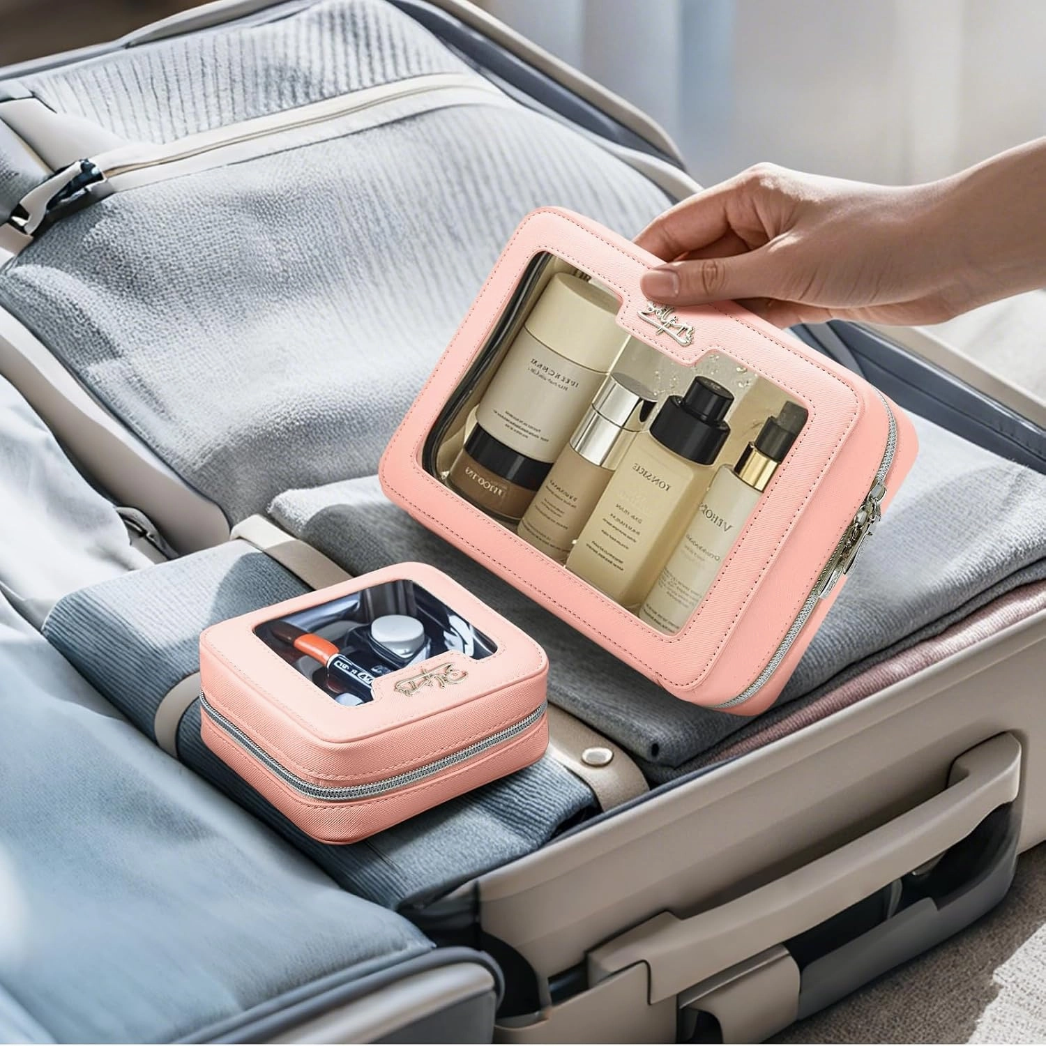 Clear Makeup Bag Cosmetic Case: Small Make up Bags for Purse - TSA approved Toiletry Bag for Women - Waterproof Travel Pouch with Zipper - Cute Makeup Organizer Skincare Bag for Car (Mini, Pink)