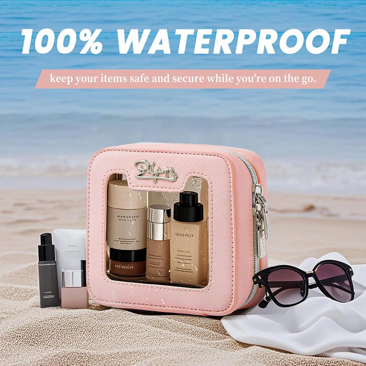 Clear Makeup Bag Cosmetic Case: Small Make up Bags for Purse - TSA approved Toiletry Bag for Women - Waterproof Travel Pouch with Zipper - Cute Makeup Organizer Skincare Bag for Car (Mini, Pink)