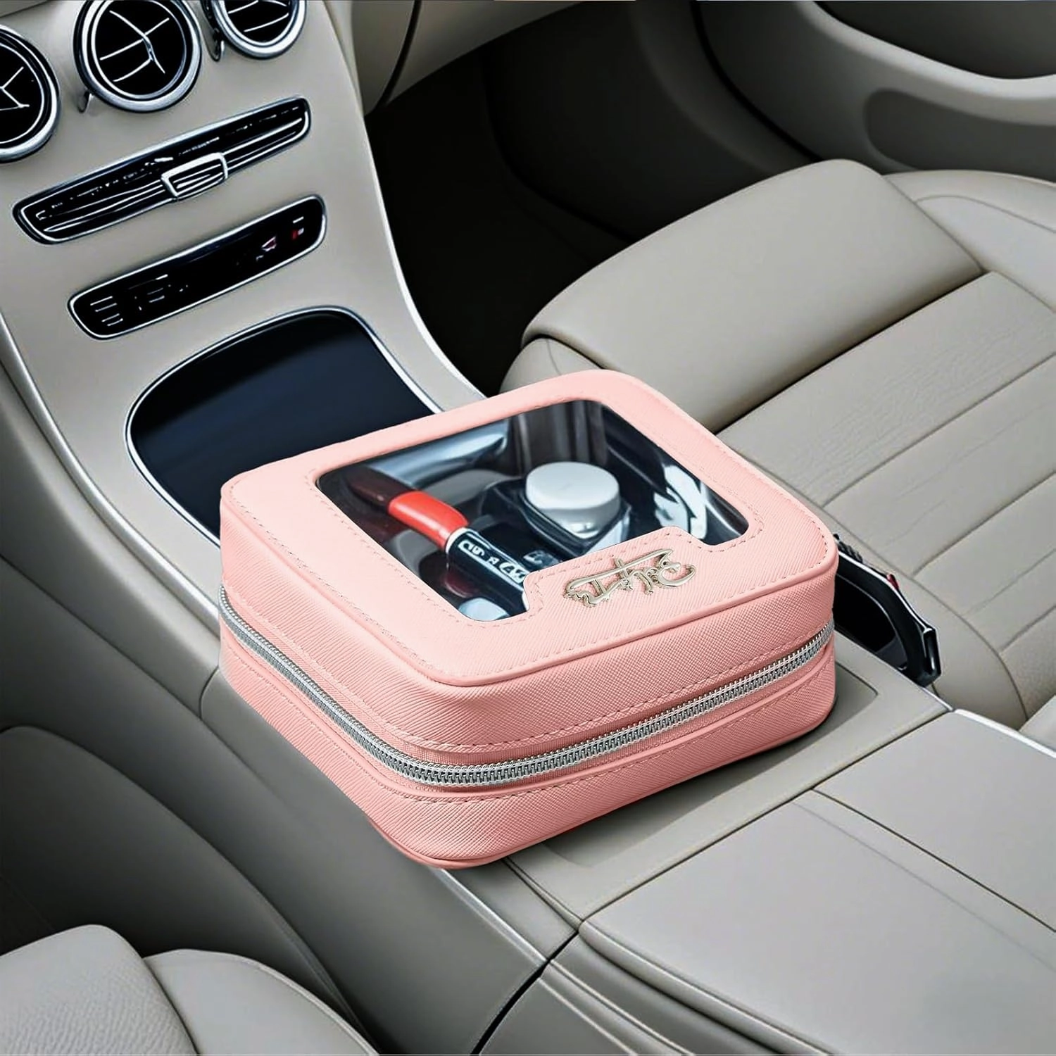 Clear Makeup Bag Cosmetic Case: Small Make up Bags for Purse - TSA approved Toiletry Bag for Women - Waterproof Travel Pouch with Zipper - Cute Makeup Organizer Skincare Bag for Car (Mini, Pink)