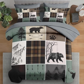 Comforter Set Twin Size, Wildlife Hunting Deer 5 Pcs Bedding for Kids and Adults, Vintage Winter Animal Bear Plaid Bed Sheet Sets with Fitted Sheet Pillowcase & Sham for Bedroom Bed Decor