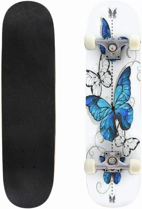Composition of Blue Butterflies Morpho and White Butterflies on White Outdoor Skateboard 31"x8" Pro Complete Skate Board Cruiser 8 Layers Double Kick Concave Deck Maple Longboards for Youths Sports