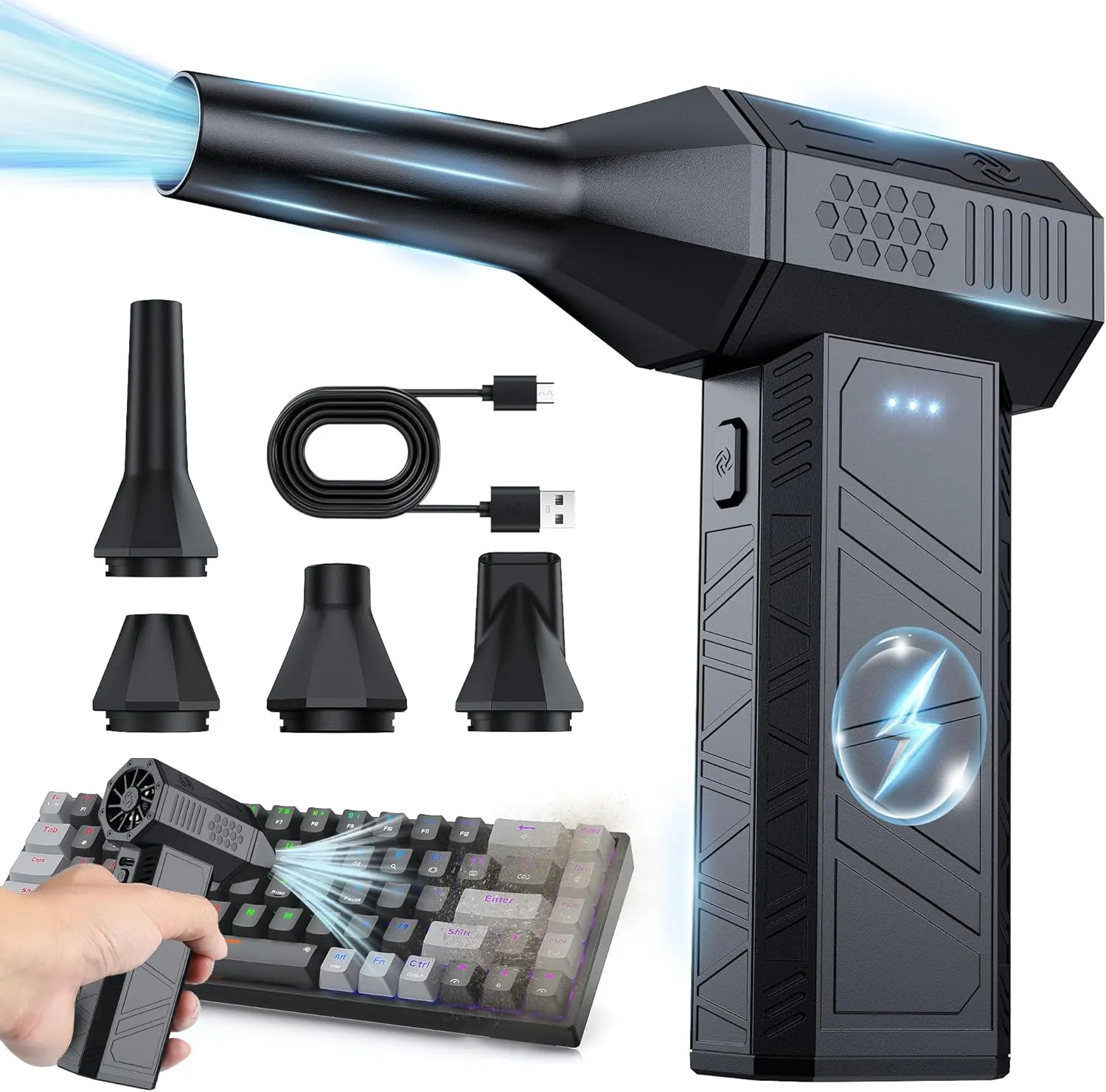 Computer Keyboard Cleaner: 110K RPM Brushless Motor, Rechargeable Air Duster, 3-Speed Cordless Blower for Keyboard, Computer, Car & Home – High-Power, Reusable & Portable