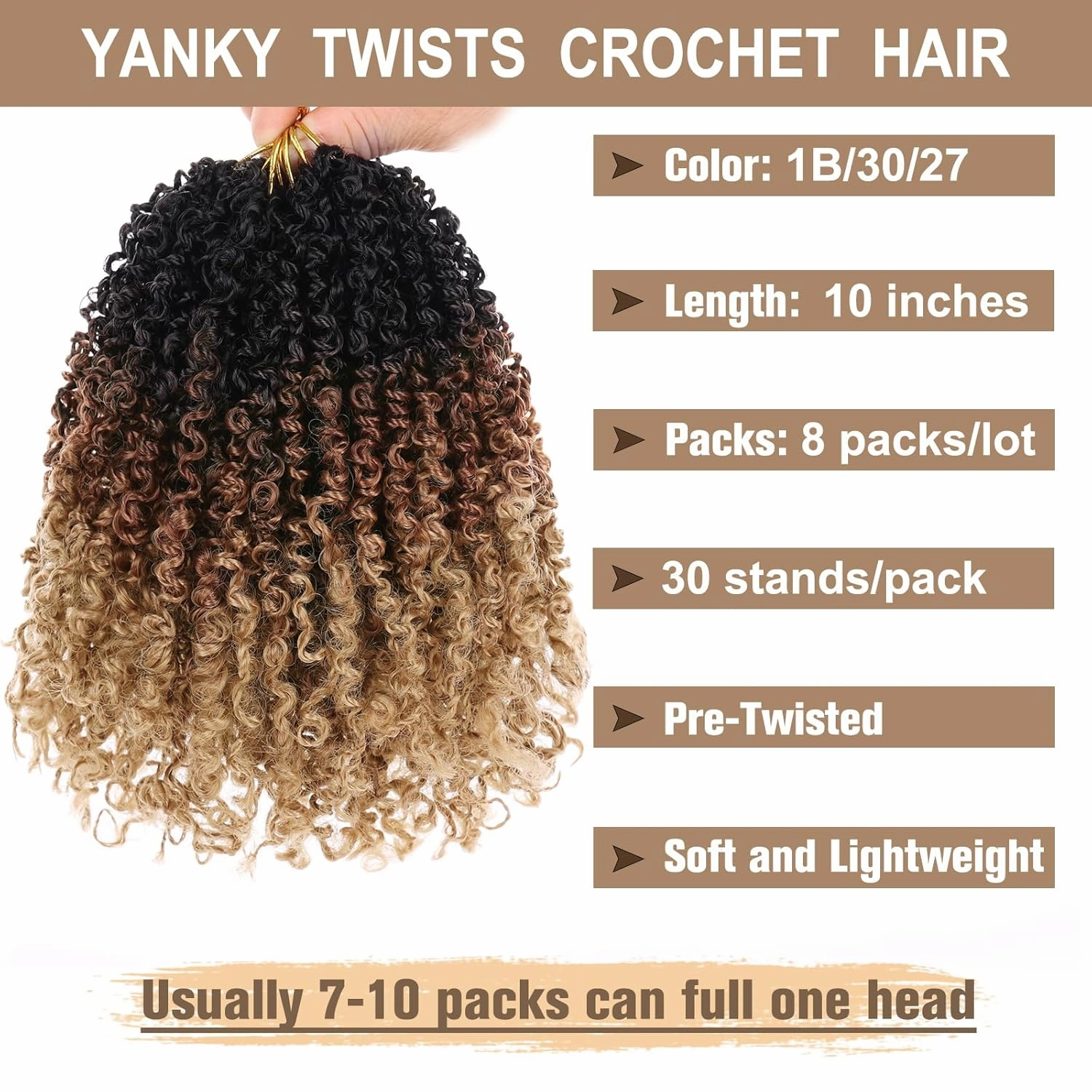 COOKOO 10 Inch 8 Packs Pre Twisted Crochet Yanky Twist Hair for Women Ombre Passion Twist Crochet Braids Hair Spring Twist Synthetic Hair Short Havana Twist Crochet Hair Extensions 1B/30/27#