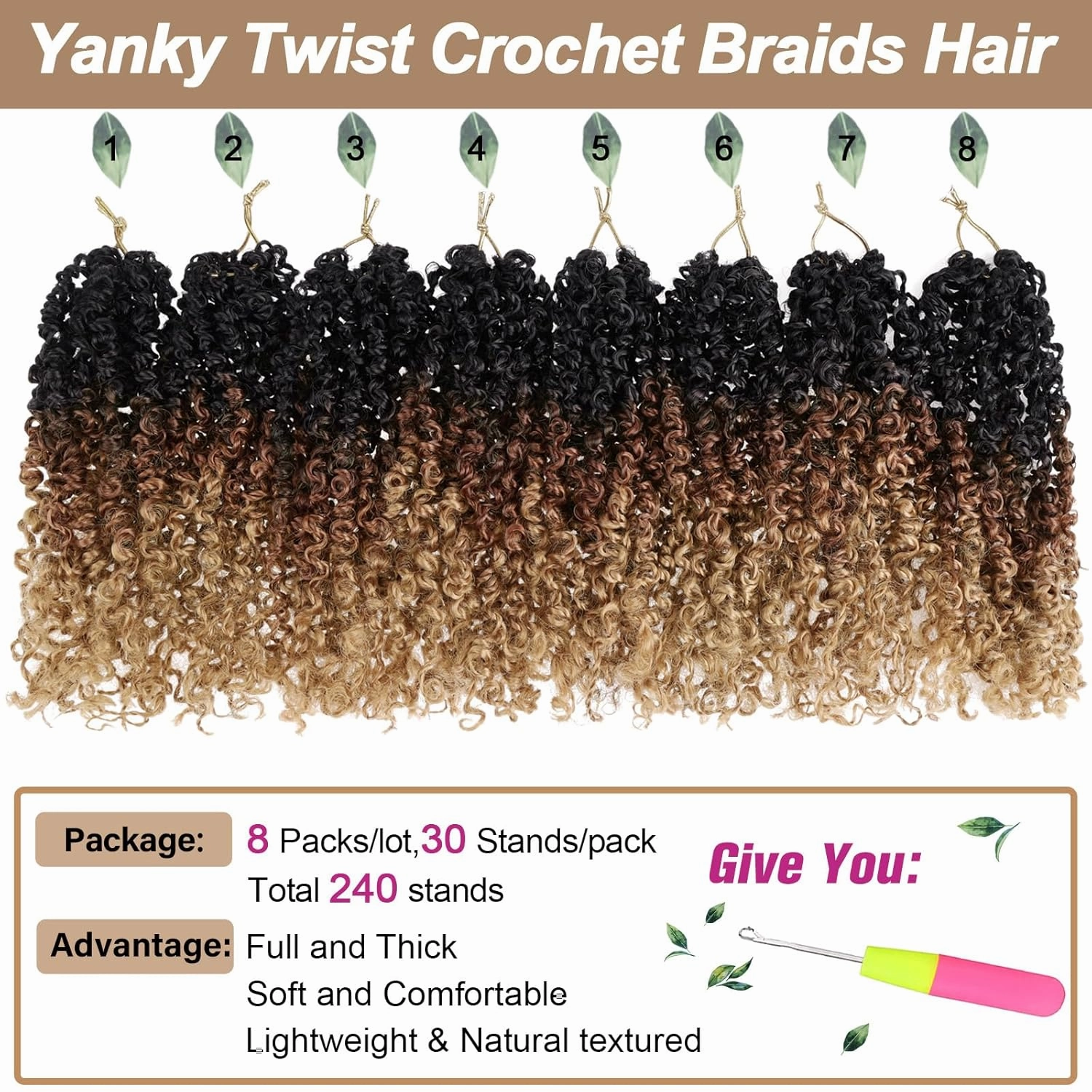 COOKOO 10 Inch 8 Packs Pre Twisted Crochet Yanky Twist Hair for Women Ombre Passion Twist Crochet Braids Hair Spring Twist Synthetic Hair Short Havana Twist Crochet Hair Extensions 1B/30/27#