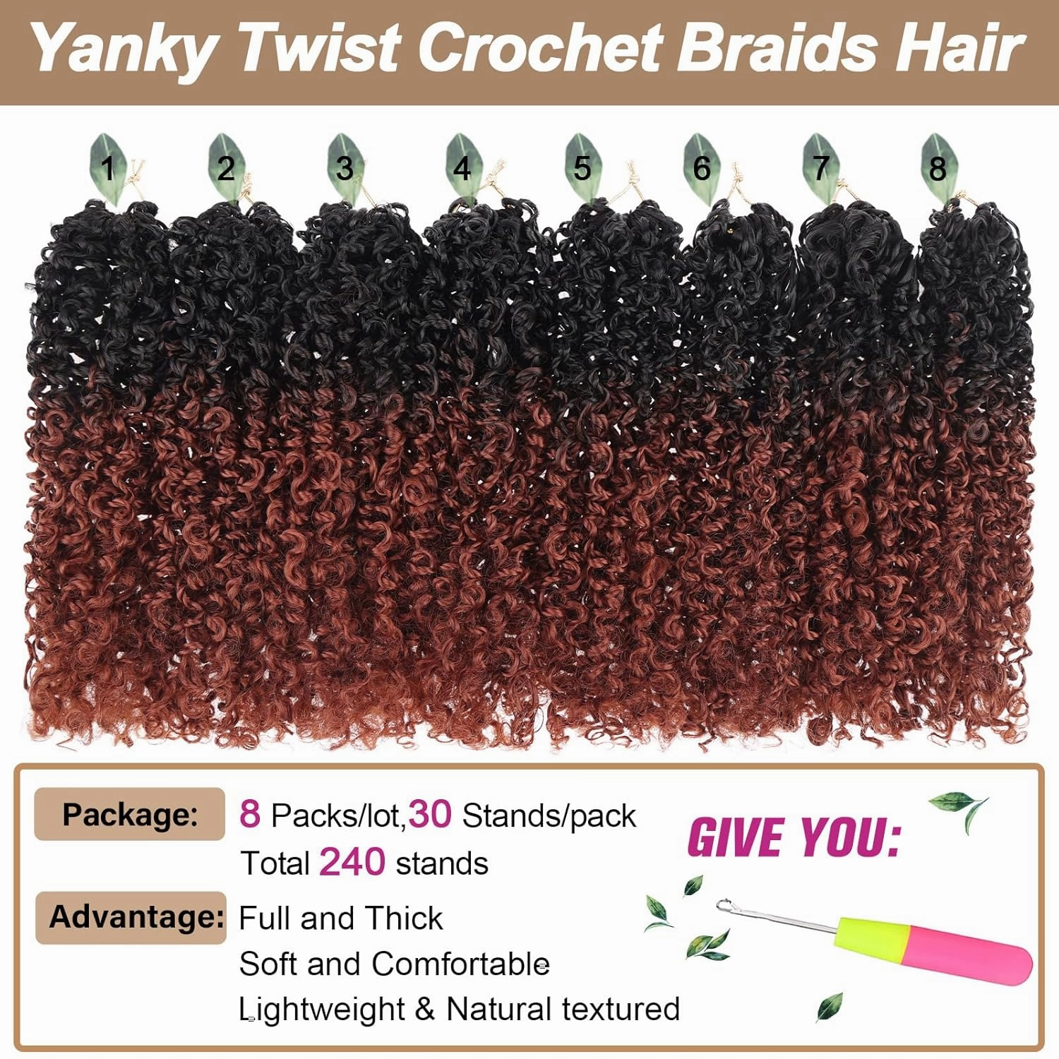COOKOO 10 Inch Pre-looped Yanky Twist Crochet Hair 8 Packs Ombre Ginger Spring Twists Hair Senegalese Twist Crochet Hair with Curly Ends Curly Synthetic Crochet Braids Hair 1B/350#