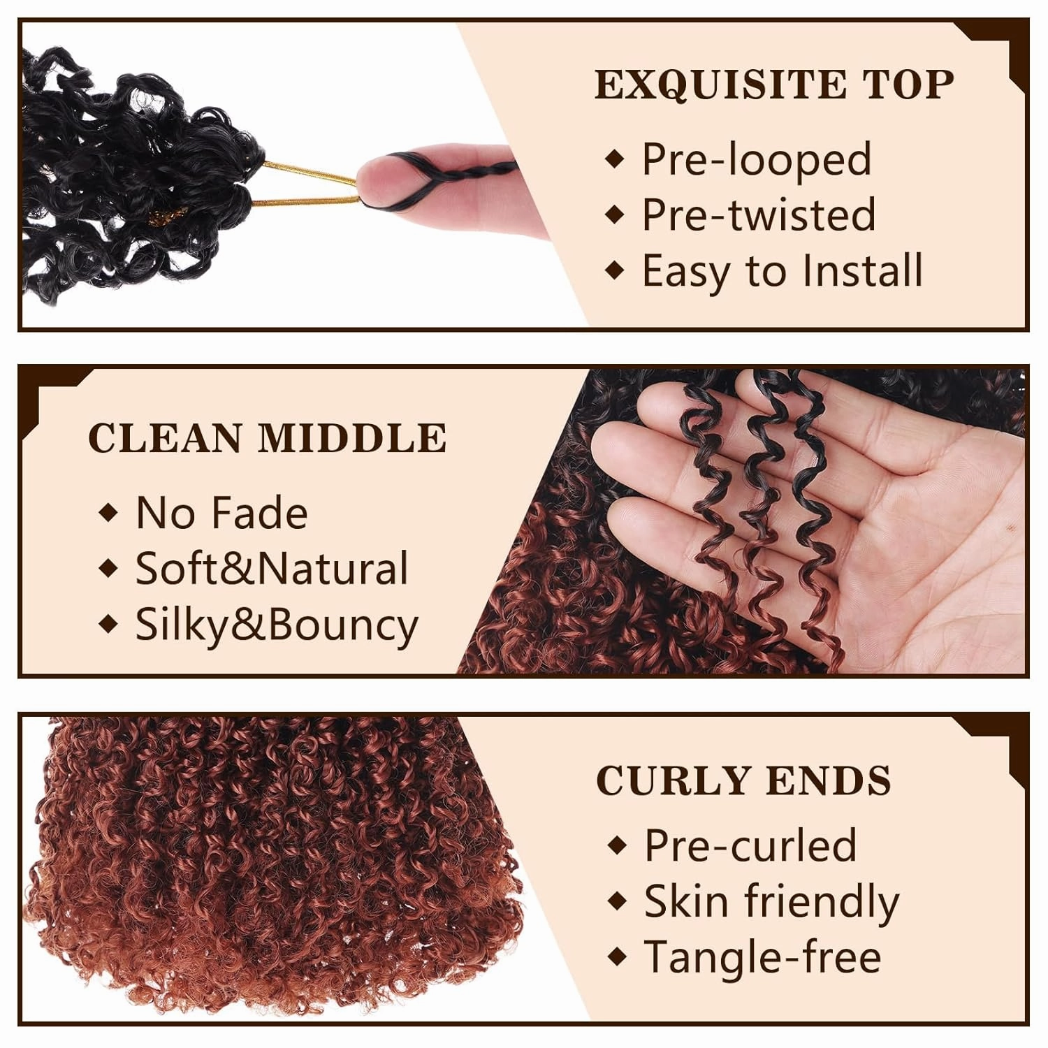 COOKOO 10 Inch Pre-looped Yanky Twist Crochet Hair 8 Packs Ombre Ginger Spring Twists Hair Senegalese Twist Crochet Hair with Curly Ends Curly Synthetic Crochet Braids Hair 1B/350#